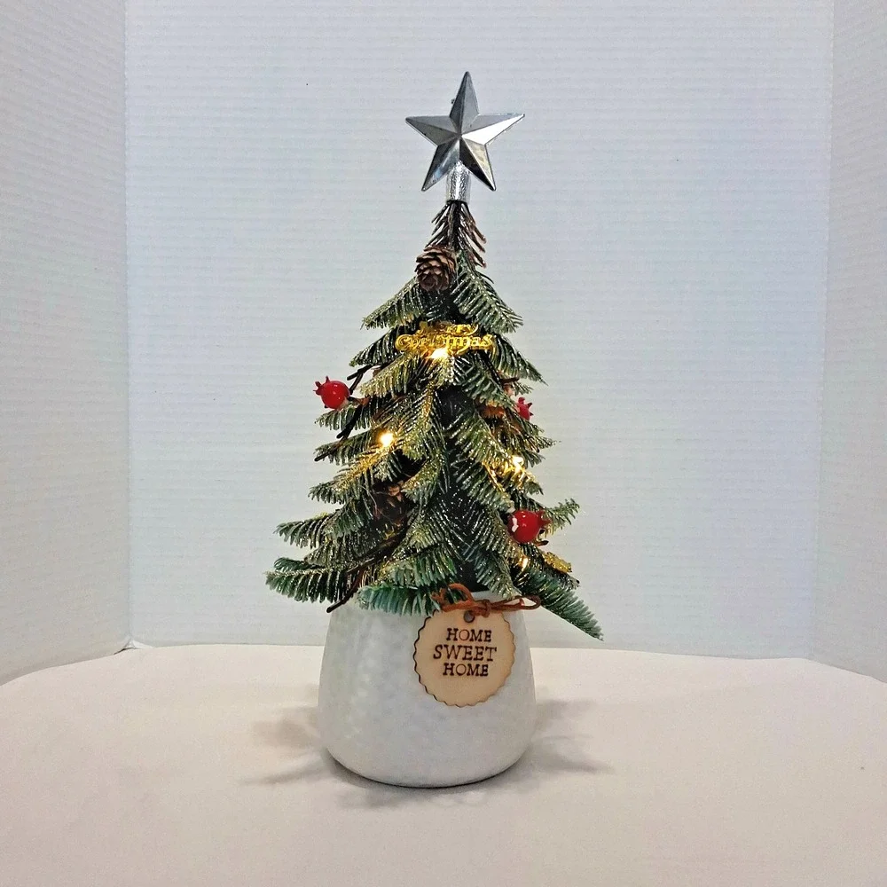 Glittered Christmas‎ Tree in Pot Light Up Bells Star Home Sweet Home Table Top